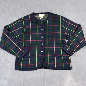 Tally-Ho Vintage Plaid Cardigan Sweater Navy Blue Green Red Yellow Large A2 48